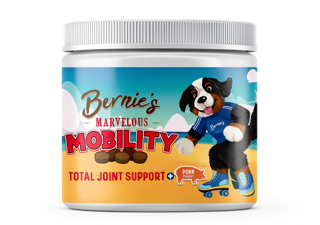 Bernie's Best dog joint supplement bottle displayed on a table