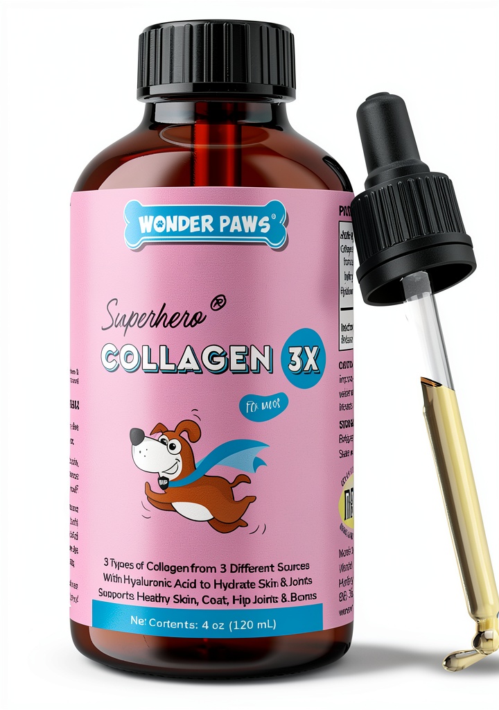 Wonder Paws liquid collagen bottle with a healthy dog