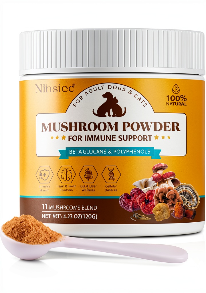 Ninsiec Dog Mushroom Supplement Powder package with measuring scoop