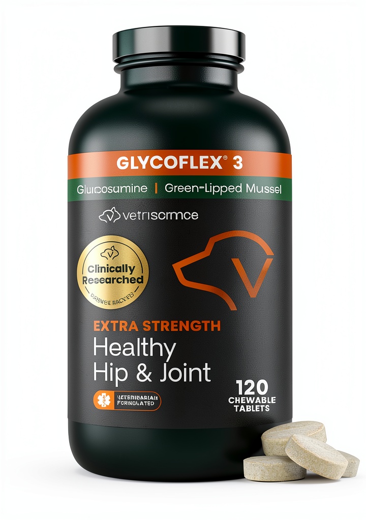 FoodScience Dog Hip Joint Supplement bottle and tablets displayed